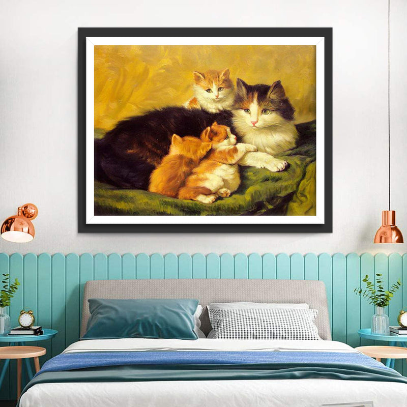 Mère Chat à Poil Long et Ses Chatons Broderie Diamant