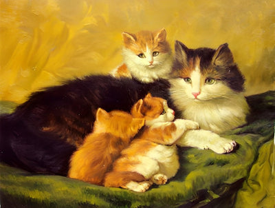 Mère Chat à Poil Long et Ses Chatons Broderie Diamant