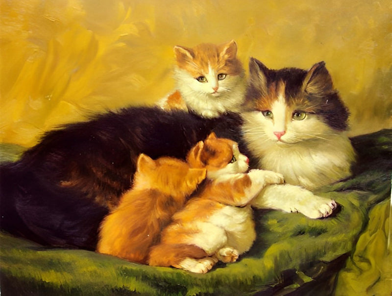 Mère Chat à Poil Long et Ses Chatons Broderie Diamant