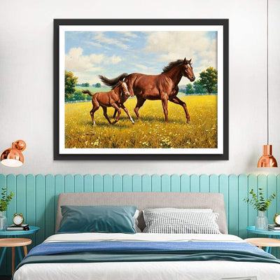 Mère Cheval et Poulain Bruns Broderie Diamant