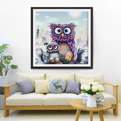 Mère Hibou et Son Chouetton Broderie Diamant