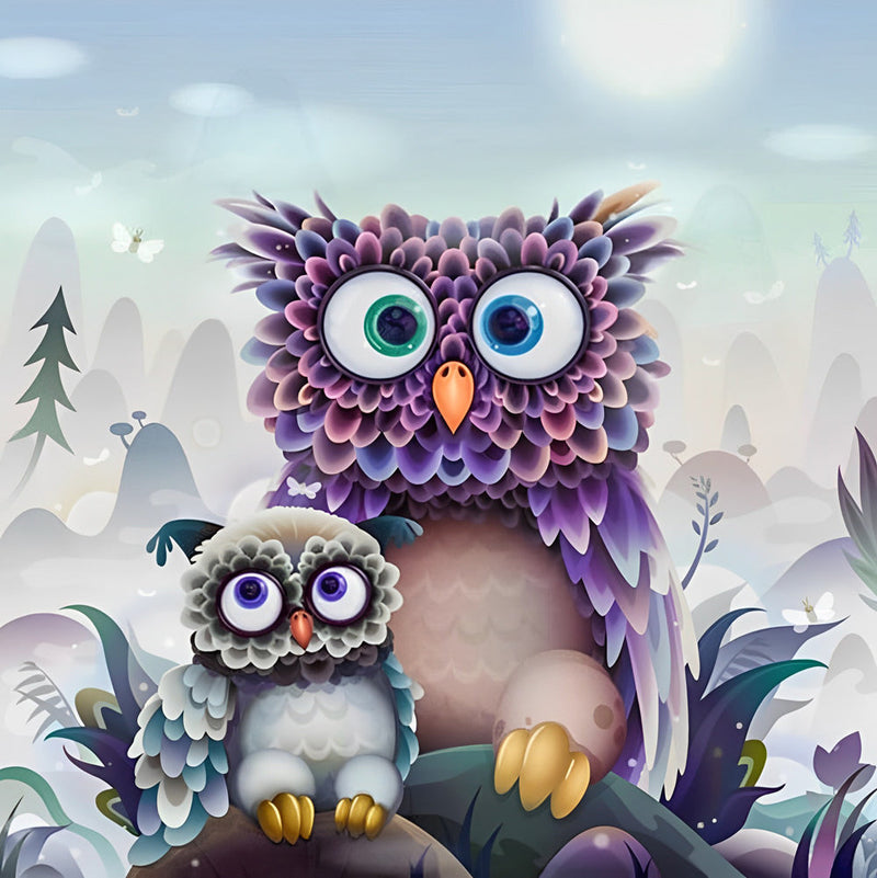Mère Hibou et Son Chouetton Broderie Diamant