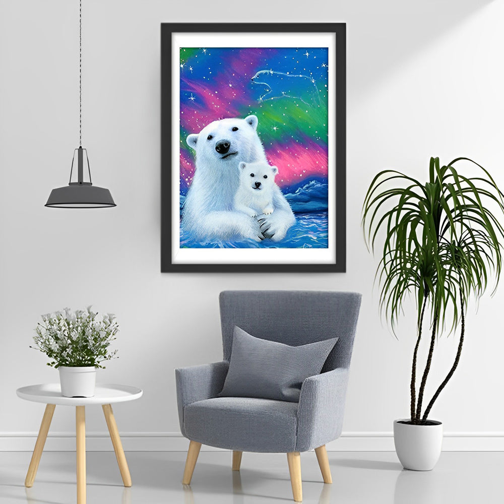 Mère Ours Polaire et Son Bébé avec l'Aurore Polaire Broderie Diamant