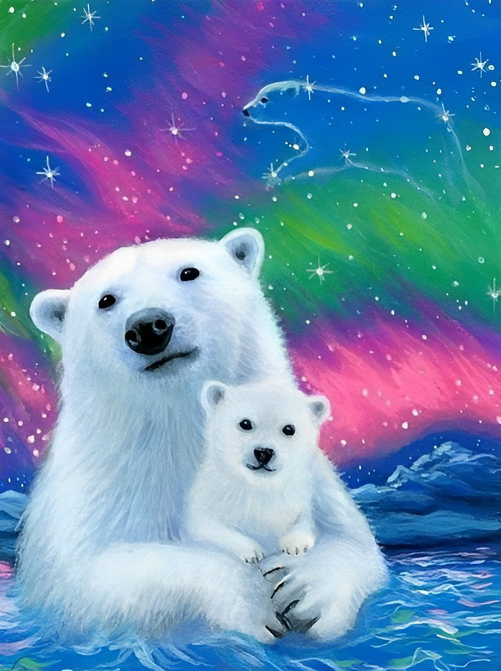 Mère Ours Polaire et Son Bébé avec l'Aurore Polaire Broderie Diamant