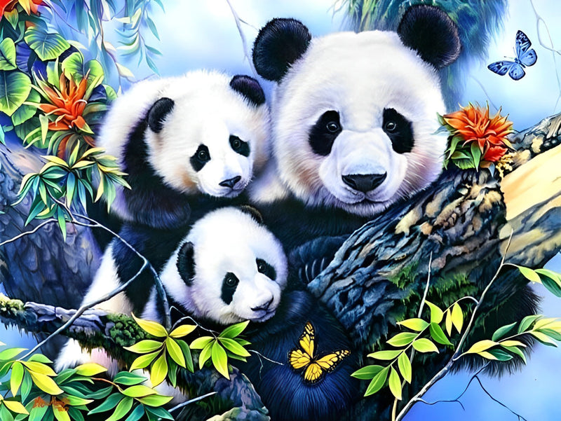 Mère Panda et Ses Bébés Broderie Diamant