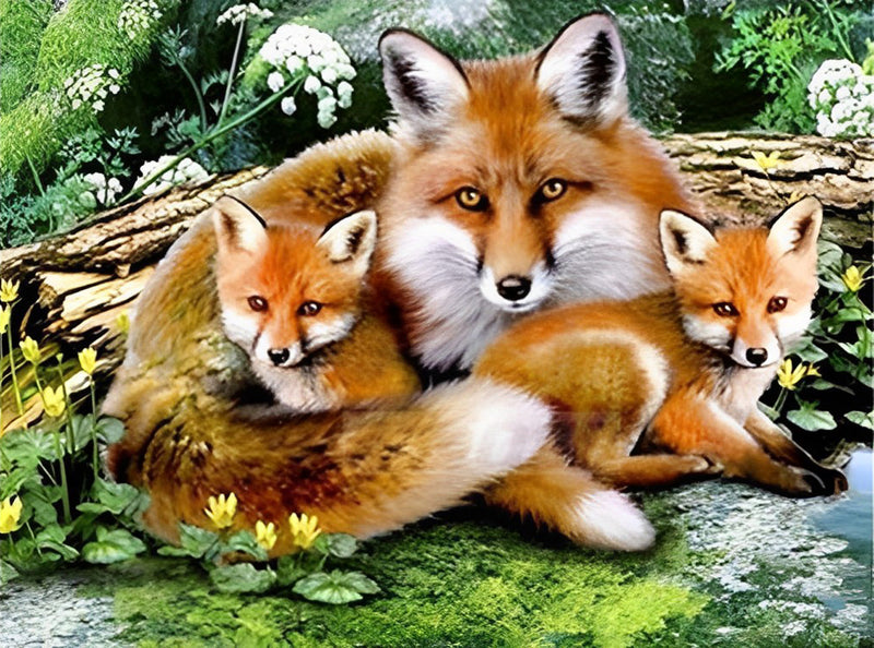 Mère Renard et Ses Deux Bébés Broderie Diamant