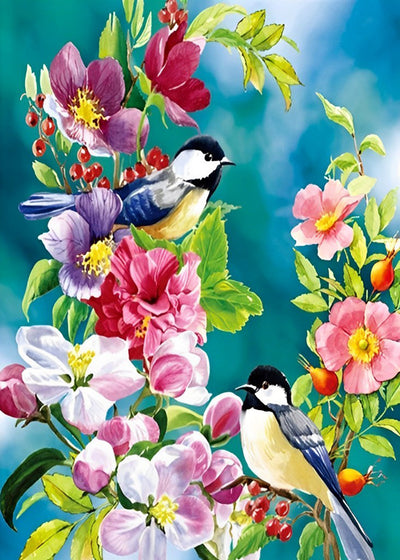 Mésanges et des Fleurs Colorées Broderie Diamant