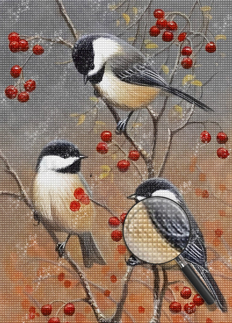Mésanges et Fruits Rouges Broderie Diamant