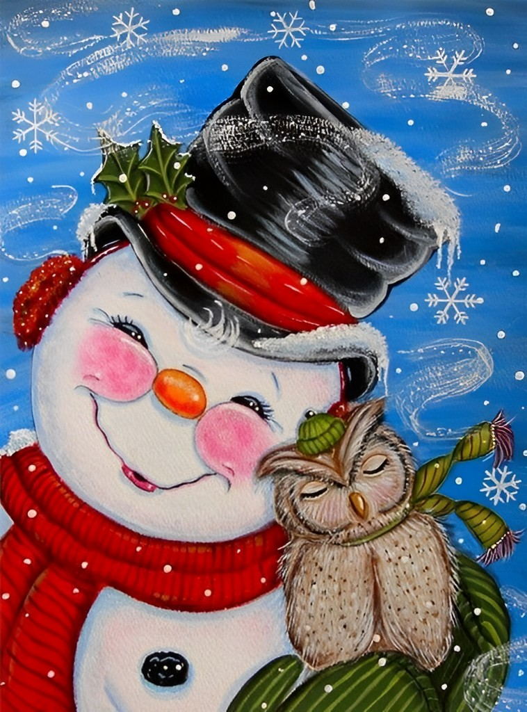 Mignon Bonhomme de Neige Souriant et Hibou Broderie Diamant