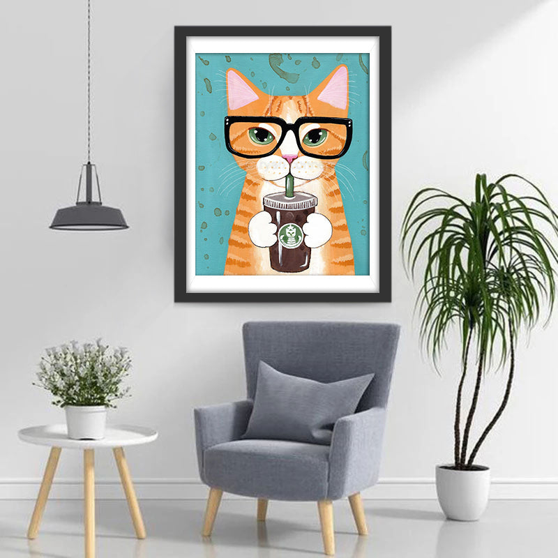 Mignon Chat Orange Buvant du Café Broderie Diamant