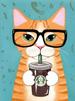 Mignon Chat Orange Buvant du Café Broderie Diamant