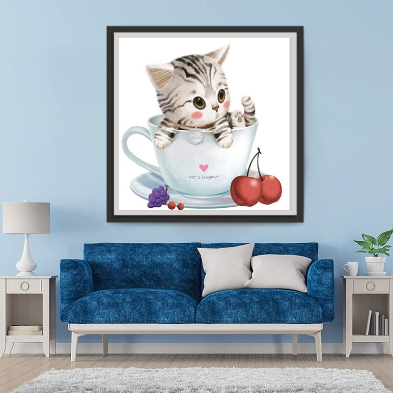 Mignon Chat Rayé en Dessin Animé dans le Mug Broderie Diamant