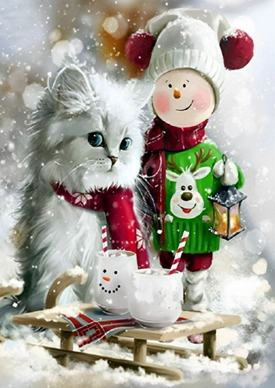 Mignon Chaton à Poil Long et Enfant Cartoon Broderie Diamant