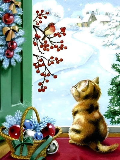 Mignon Chaton Regardant l'Oiseau Broderie Diamant