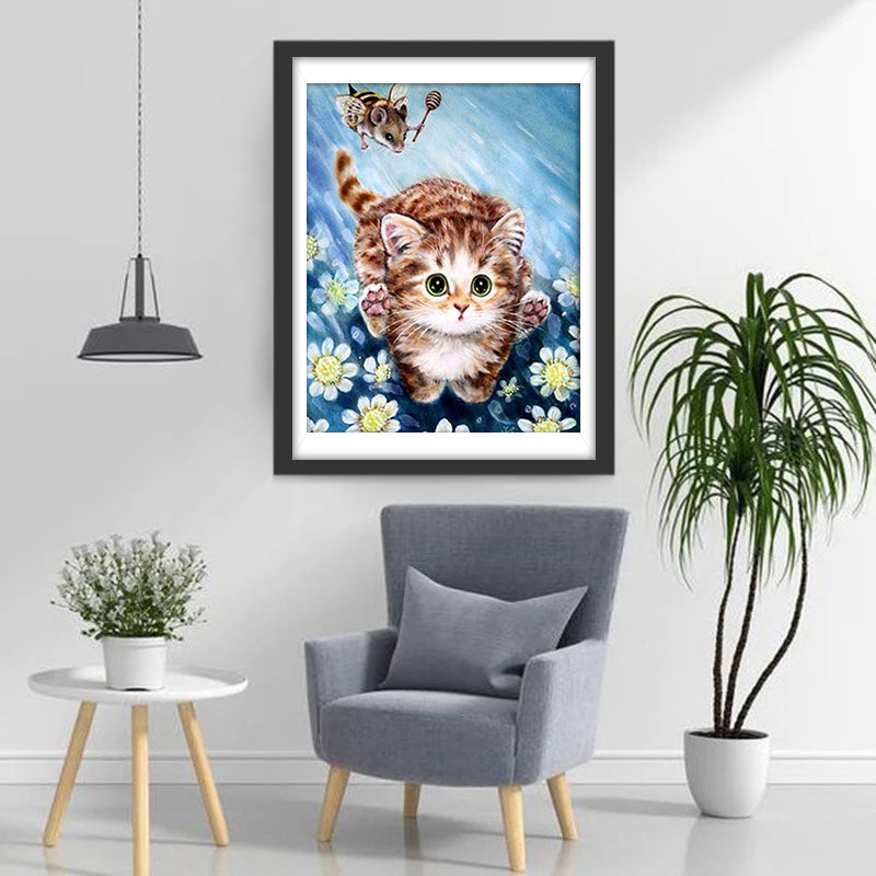 Mignon Chaton Tigré et Fleurs Broderie Diamant