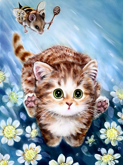 Mignon Chaton Tigré et Fleurs Broderie Diamant