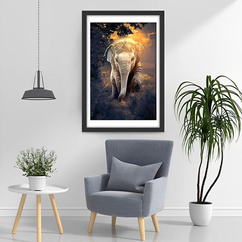 Mignon Éléphanteau sous le Soleil Couchant Broderie Diamant