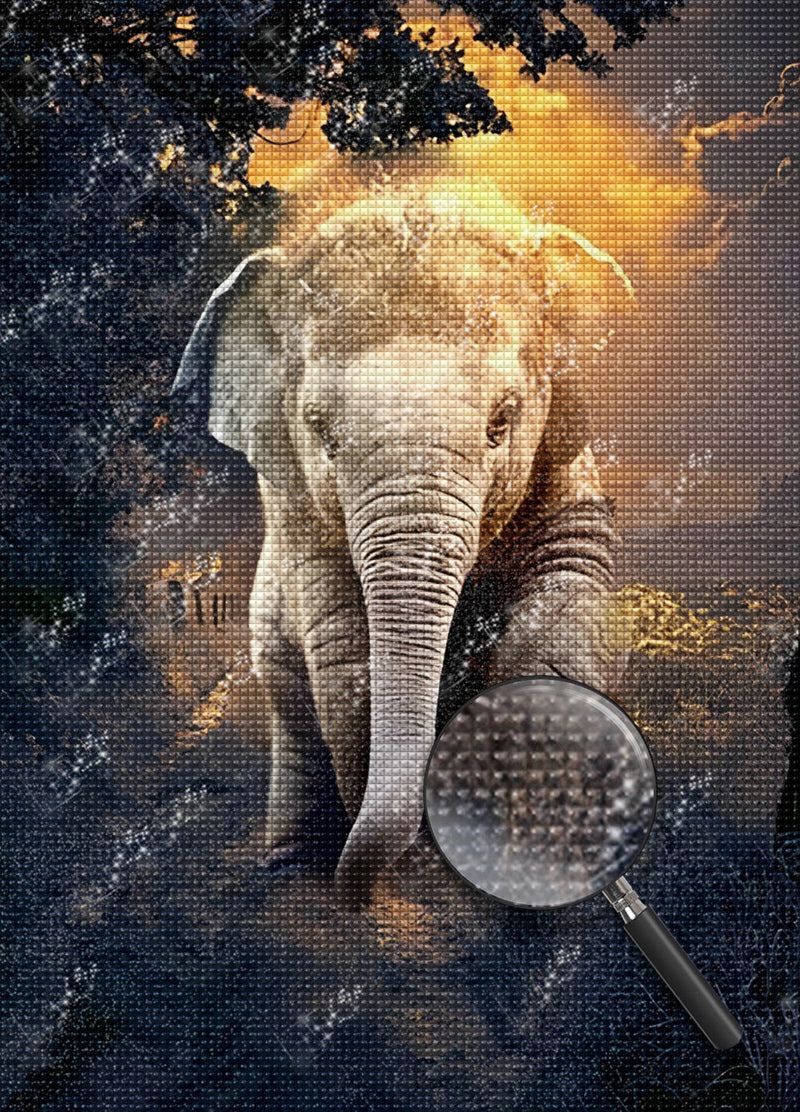 Mignon Éléphanteau sous le Soleil Couchant Broderie Diamant