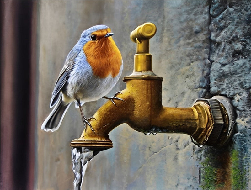 Mignon Oiseau et Robinet Doré Broderie Diamant