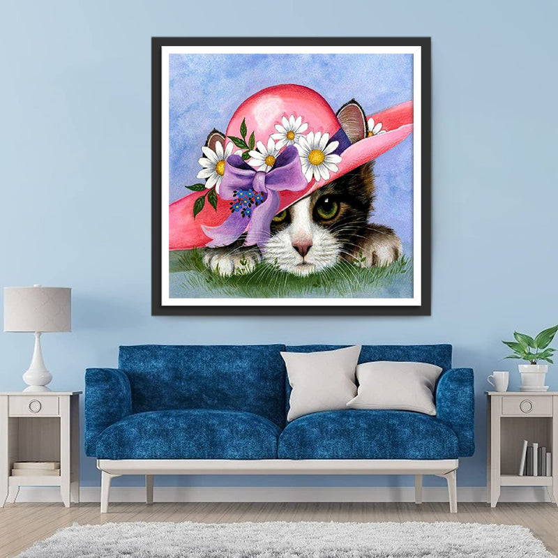 Mignon Petit Chat avec un Chapeau de Fleurs Broderie Diamant