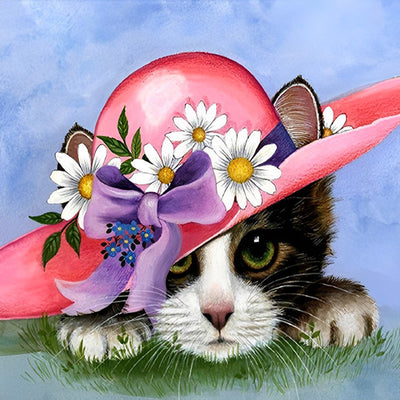 Mignon Petit Chat avec un Chapeau de Fleurs Broderie Diamant