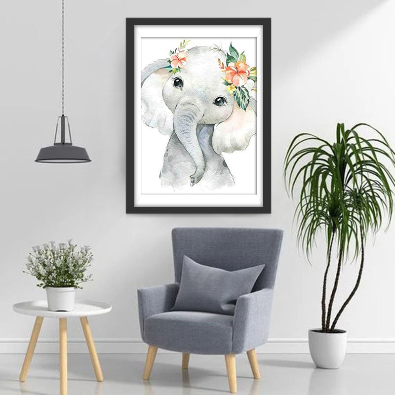 Mignon Petit Éléphant Gris avec des Fleurs Broderie Diamant
