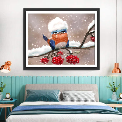 Mignon Petit Mésange avec la Neige sur la Tête Broderie Diamant