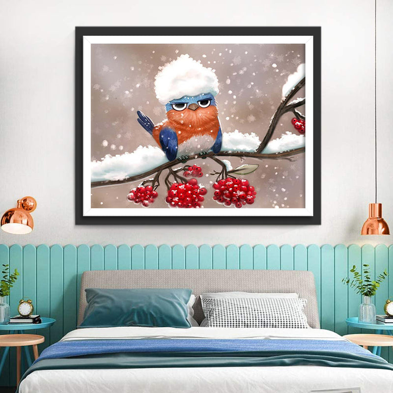 Mignon Petit Mésange avec la Neige sur la Tête Broderie Diamant