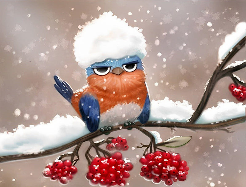 Mignon Petit Mésange avec la Neige sur la Tête Broderie Diamant