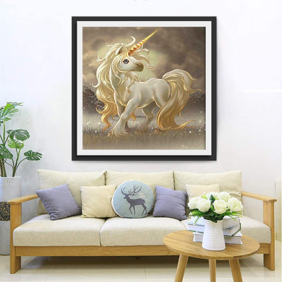 Mignonne Licorne Blanche à la Crinière Dorée Broderie Diamant