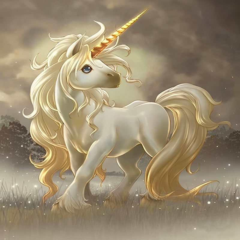 Mignonne Licorne Blanche à la Crinière Dorée Broderie Diamant