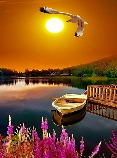 Mouette Volant et le Soleil Couchant Broderie Diamant