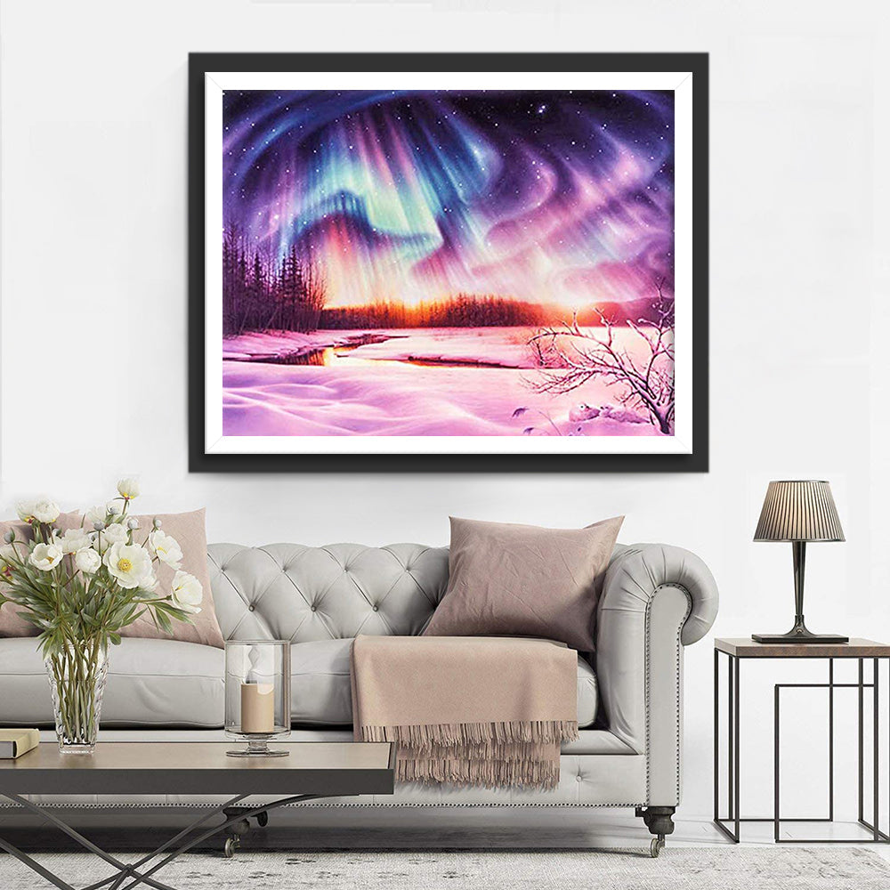 Neige et Aurore Boréale Broderie Diamant