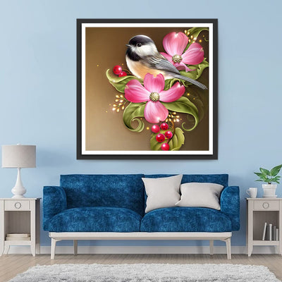 Oiseau Adorable et Fleurs Roses avec Fruits Rouges Broderie Diamant