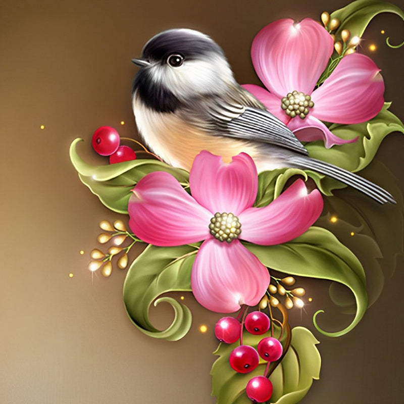 Oiseau Adorable et Fleurs Roses avec Fruits Rouges Broderie Diamant