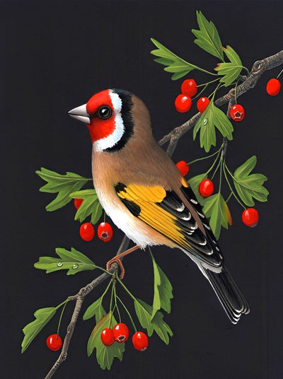 Oiseau avec Visage Magnifique et des Fruits Rouges Broderie Diamant