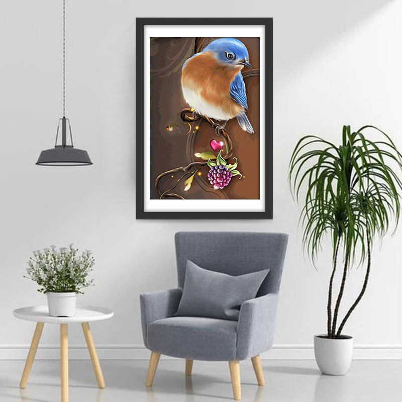Oiseau Bleu et Marron avec des Fruits Violets Broderie Diamant