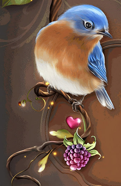 Oiseau Bleu et Marron avec des Fruits Violets Broderie Diamant