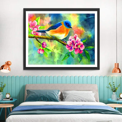 Oiseau Bleu et Roux avec des Fleurs Roses Broderie Diamant