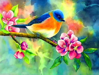 Oiseau Bleu et Roux avec des Fleurs Roses Broderie Diamant