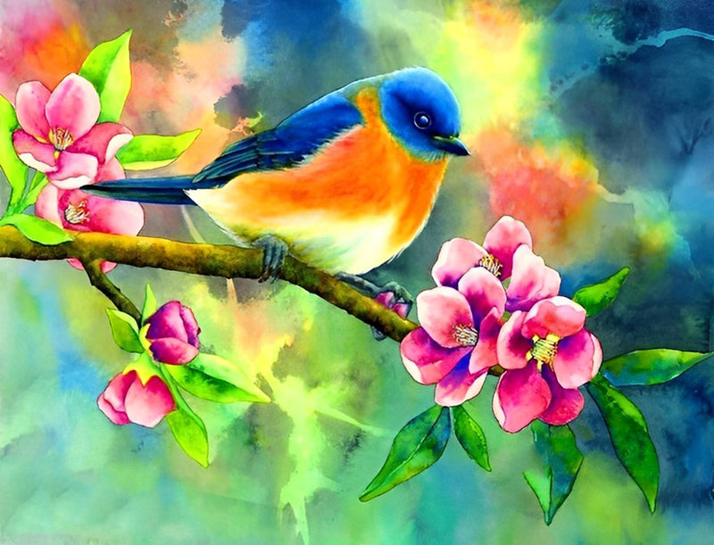 Oiseau Bleu et Roux avec des Fleurs Roses Broderie Diamant