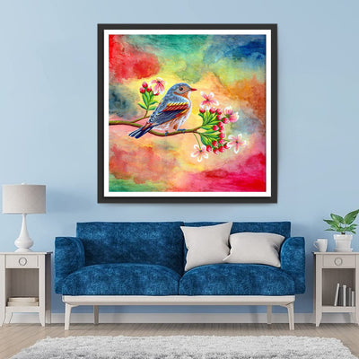 Oiseau et Fleurs Roses avec des Nuages Colorés Broderie Diamant