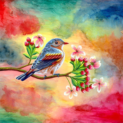 Oiseau et Fleurs Roses avec des Nuages Colorés Broderie Diamant