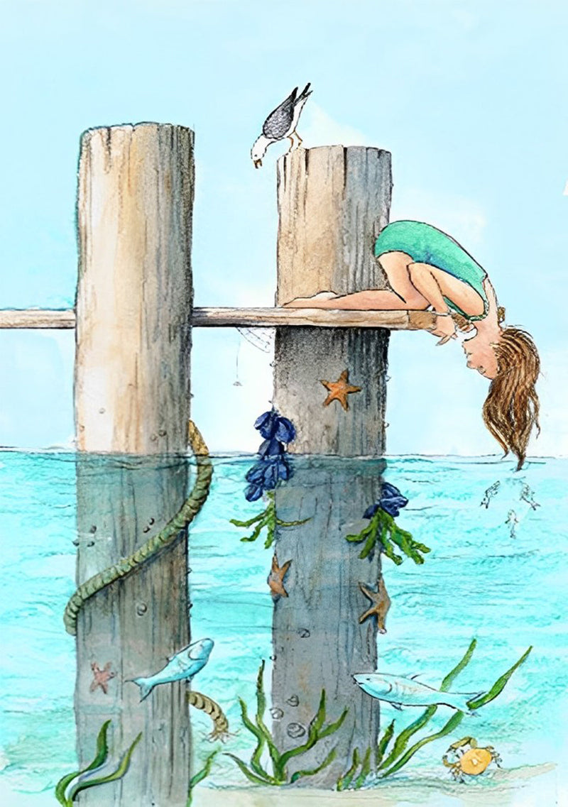Oiseau et la Fille au Bord de la Mer Broderie Diamant