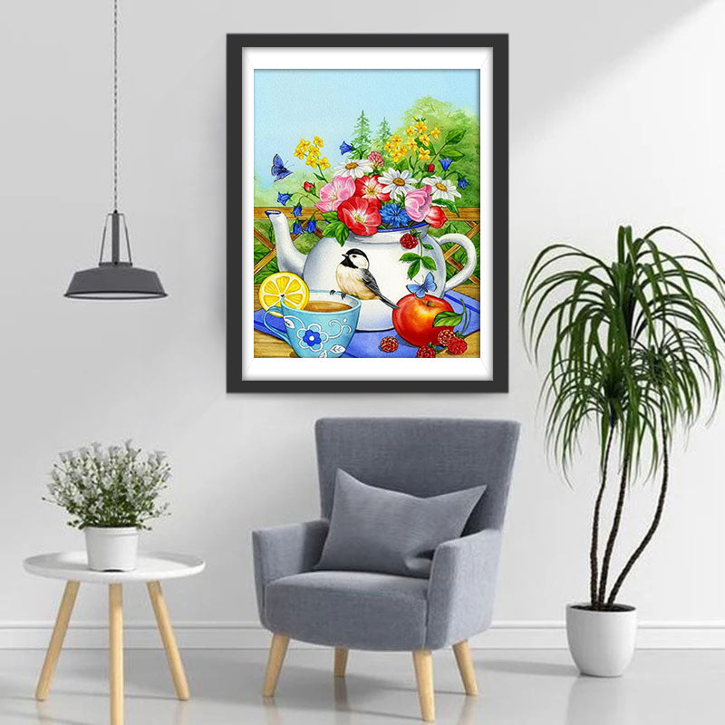 Oiseau et Théière de Fleurs Broderie Diamant