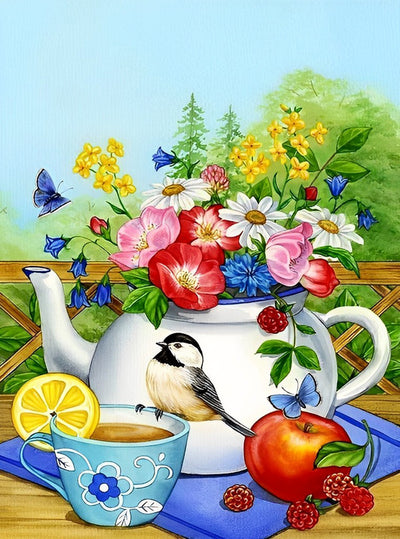 Oiseau et Théière de Fleurs Broderie Diamant