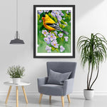 Oiseau Jaune et Noir avec des Fleurs Violettes Broderie Diamant