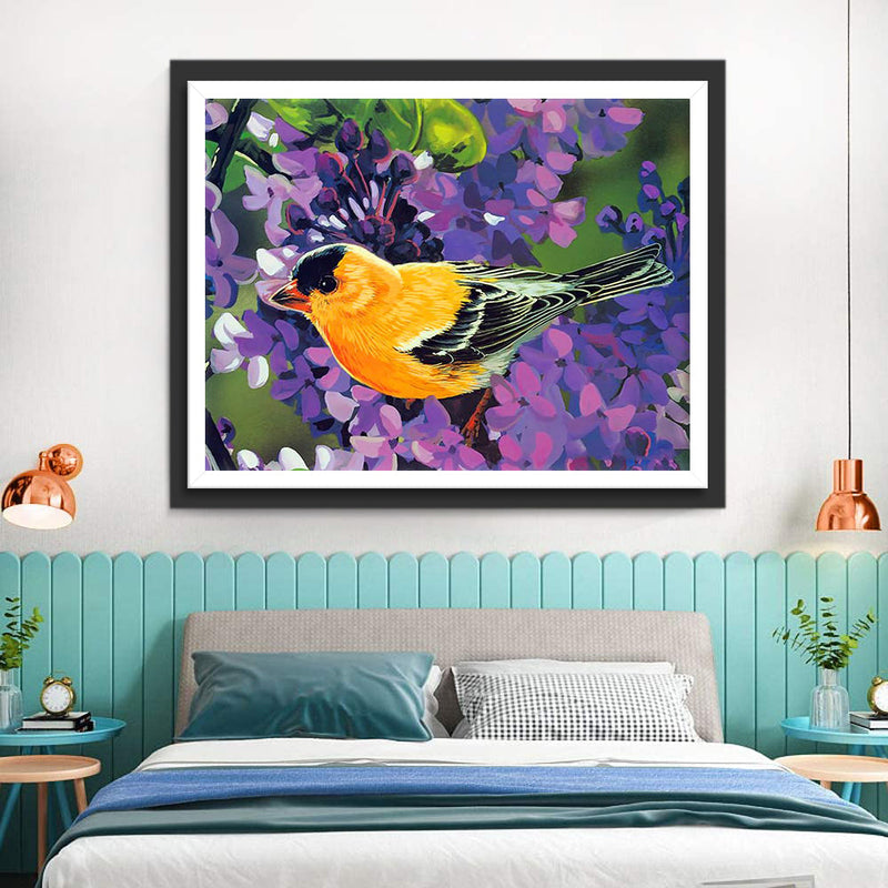 Oiseau Jaune et Noir avec des Fleurs Violettes Broderie Diamant
