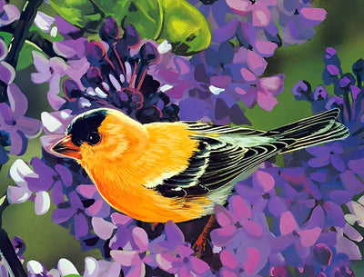 Oiseau Jaune et Noir avec des Fleurs Violettes Broderie Diamant