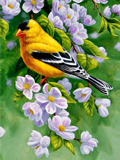 Oiseau Jaune et Noir avec des Fleurs Violettes Broderie Diamant